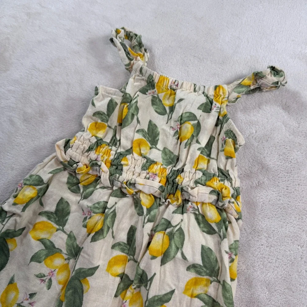 Old Navy Girls Lemon Print Linen Blend Smocked Waist‎ Sundress Yellow White 4T